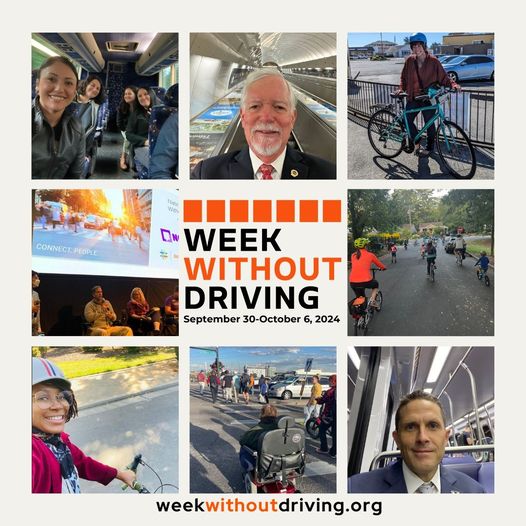 A collage of images promoting "Week Without Driving" from September 30 to October 6, 2024. The central image features the event logo, surrounded by photos of people using alternative transportation methods like buses, bicycles, scooters, and walking.