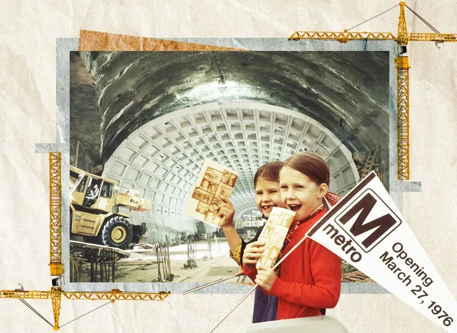 Two children hold maps and a flag with the Washington Metro logo in front of an under-construction metro tunnel, with cranes and construction equipment visible in the background.