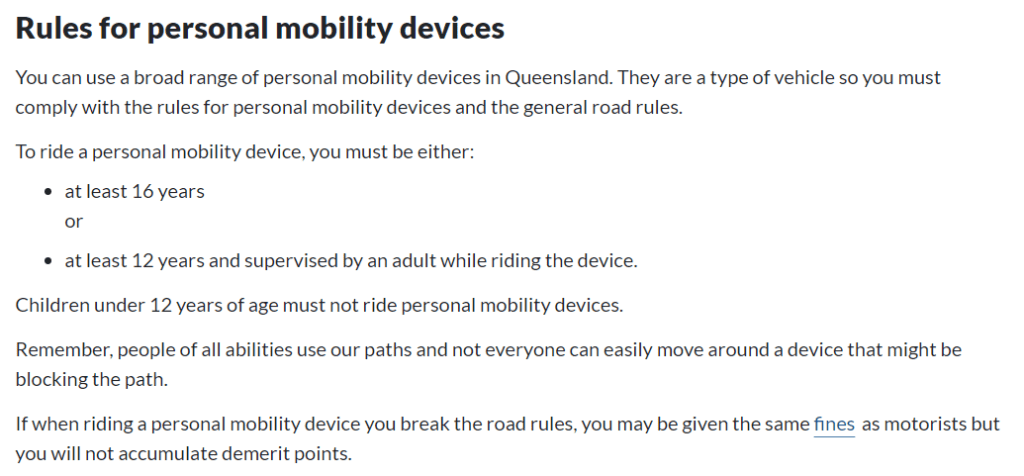 A screenshot of Queensland's rules for personal mobility devices outlining age restrictions, usage guidelines, and penalties for breaking the rules.