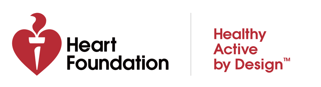 Heart Foundation logo with a red stylised heart and torch icon on the left, and the text "Heart Foundation" in black. To the right, a vertical line separates the phrase "Healthy Active by Design™" in red.