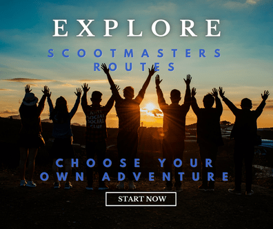 A group of people standing on a hill at sunset with their arms raised in celebration. The text on the image reads, "Explore Scootmasters Routes - Choose Your Own Adventure - Start Now."