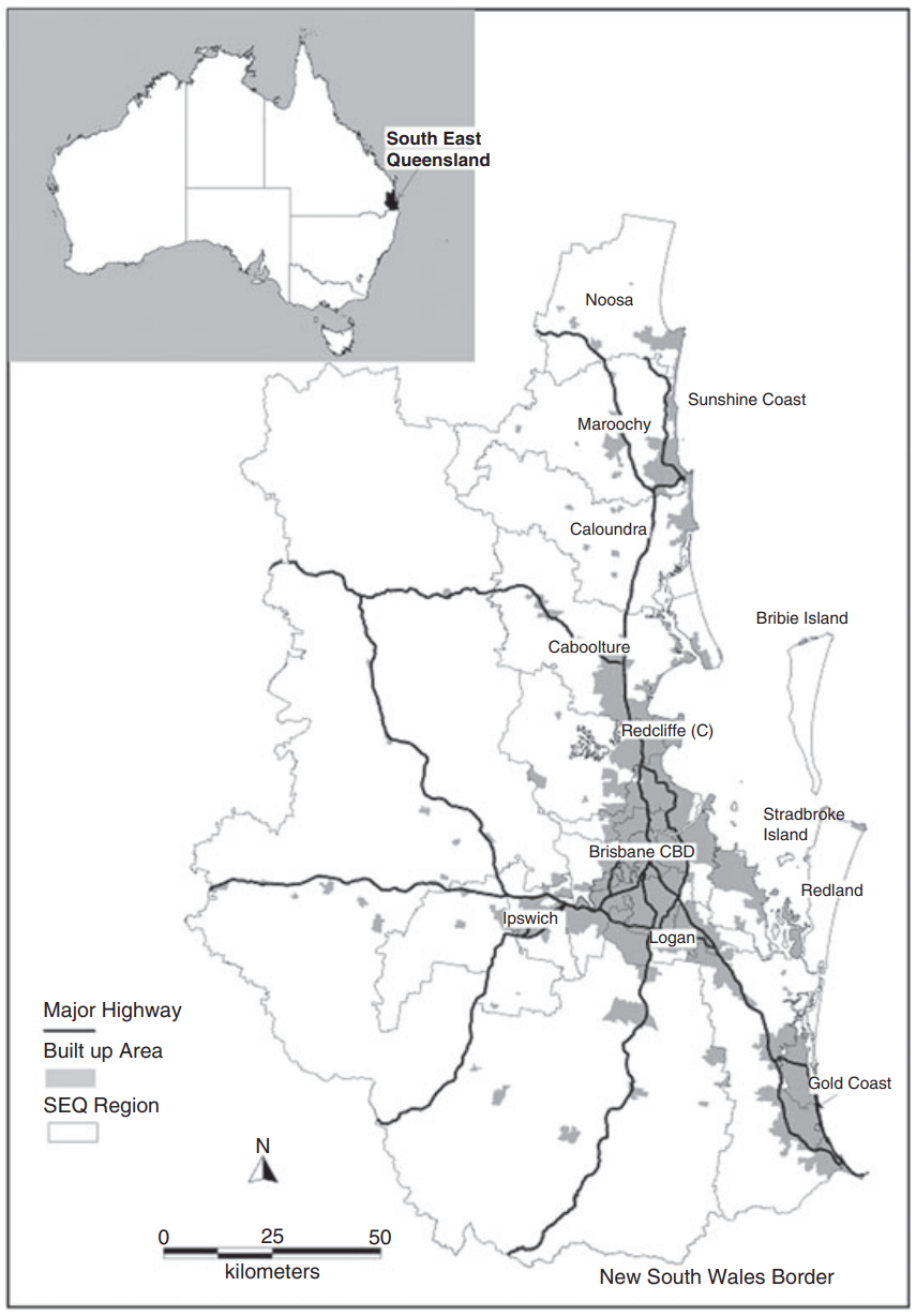 A black-and-white map of South East Queensland showing major highways, built-up urban areas, and key cities including Brisbane, Gold Coast, Sunshine Coast, and Caboolture. The map highlights the SEQ region and its connection to the rest of Australia.