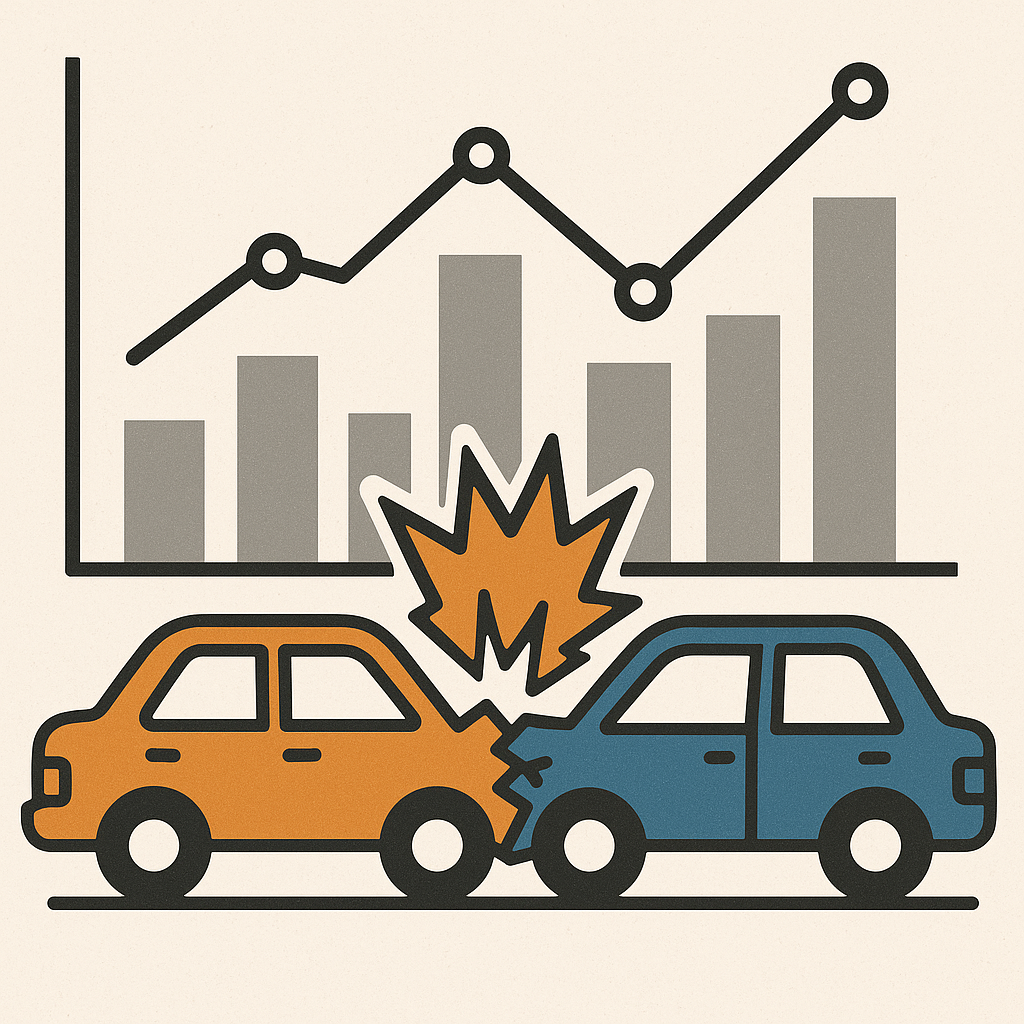 Crash analysis, two cars crashing into each other with data analysis graph behind crash.