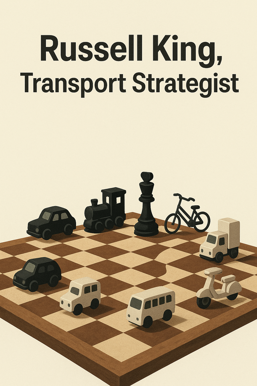 A chessboard with transportation-themed pieces, including cars, a train, a bike, a van, and a scooter. The pieces are designed in a minimalist, 3D style. The text "Russell King, Transport Strategist" is displayed at the top.