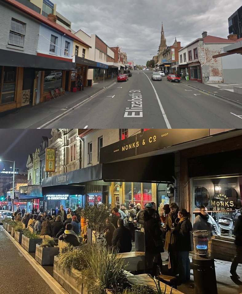 A comparison of Elizabeth Street, Hobart, showing an empty street scene before parking reform and a lively scene with crowds and outdoor seating post-parking reform (bottom).