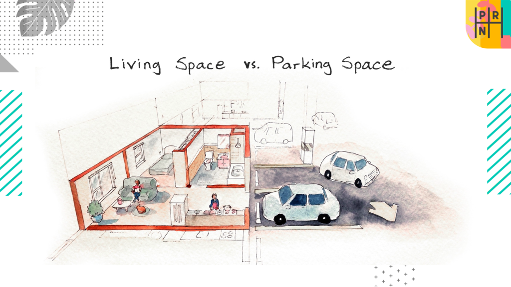 Watercolour illustration comparing the space of a small apartment with the same area used for car parking.